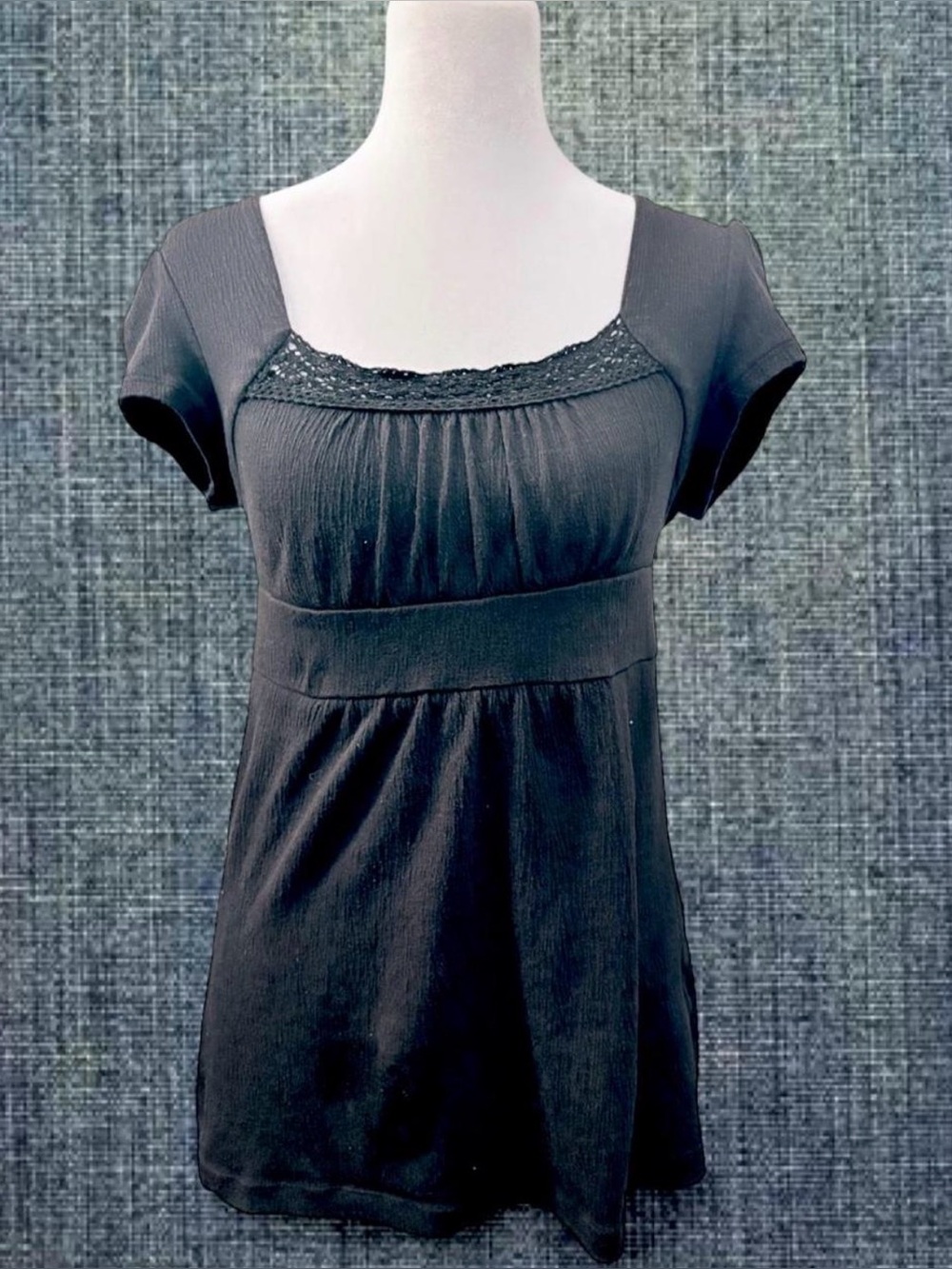 Vintage Y2K Self Esteem Black Babydoll Empire Waist Crochet Trim Top Fairy Grung